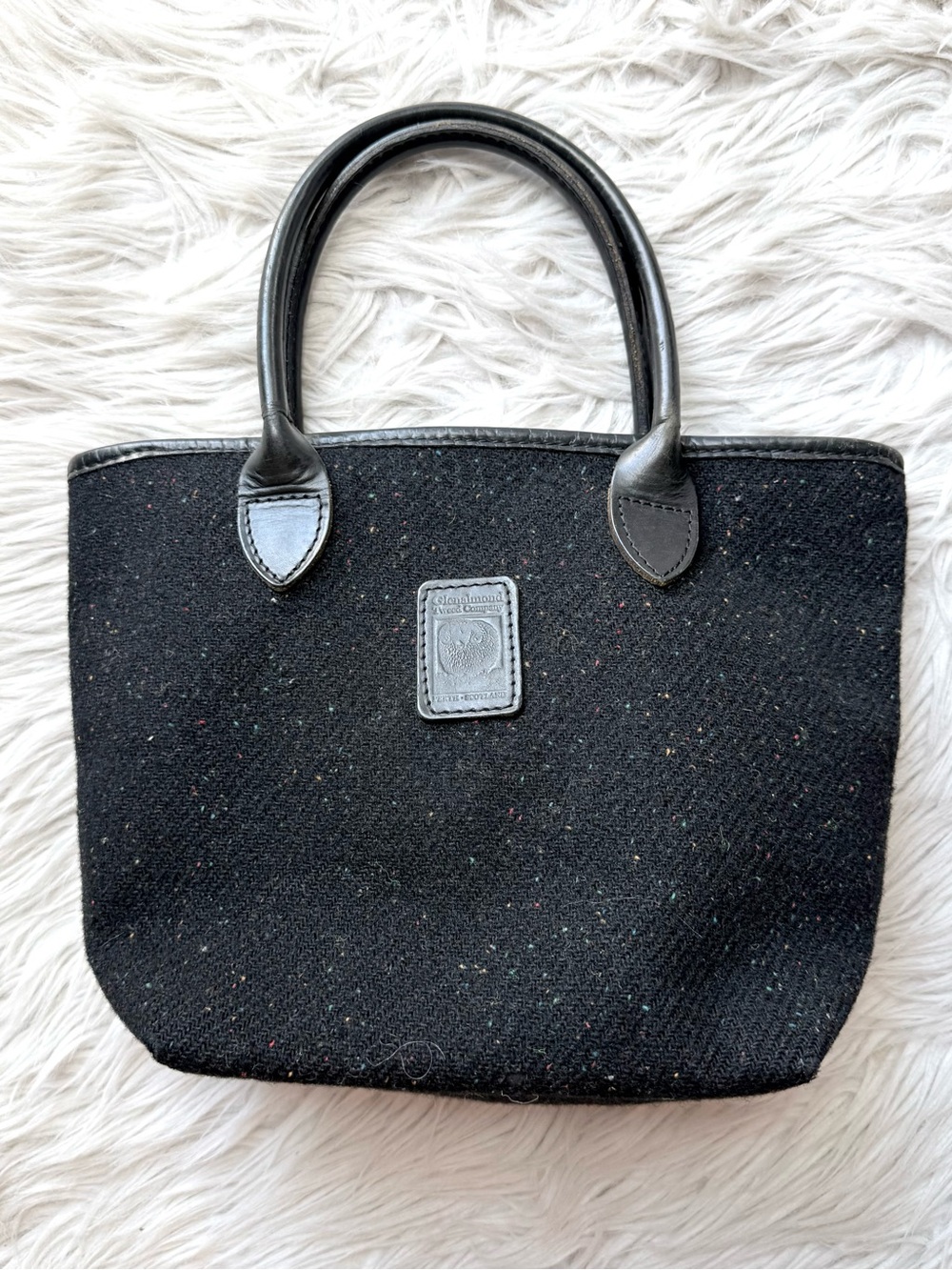 Vintage Glenalmond Harris Tweed Black Wool Mini Tote Leather Scotland
